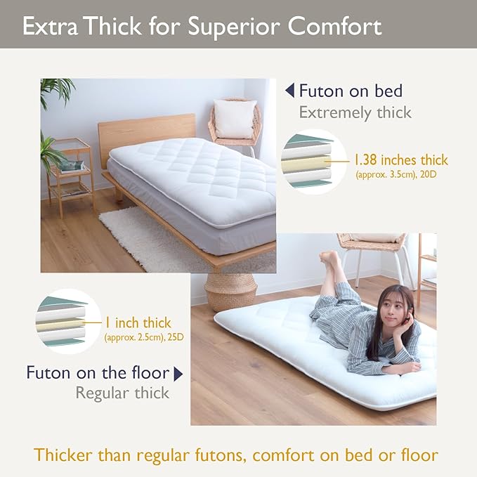Japanese Futon Mattress, 100% Polyester, Foldable & Portable Floor Lounger Bed, Roll Up Sleeping Pad, Shikibuton (Twin, Regular)