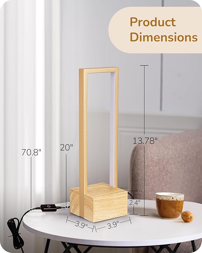 EDISHINE LED Table Lamp, Wooden Bedside Lamp with 3 Color Temperatures, Dimmable Square Nightstand Lamp for Bedroom Living Room, Complete Original Burlyood Color Base