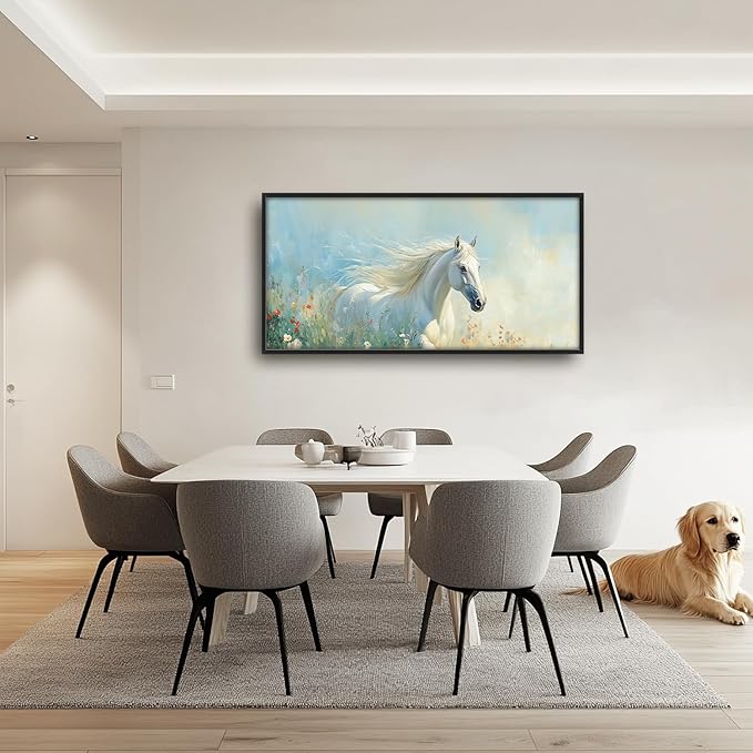 SweetFox Extra Large White Horse Framed Wall Art for Living Room, Horse Wildflower Pictures Oversized Wall Decor Abstract Big Canvas Painting Print Artworks for Bathroom Master Bedroom 60L X 30W