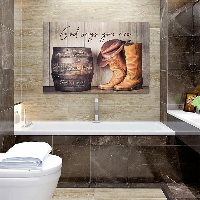 God says you are decor wall art western cowboy canvas Pictures cowboy boots Wall Decor Christian Canvas Prints Painting Framed Artwork for Bathroom living room Bedroom 24"x16"