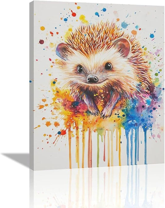 Fleruku Watercolor Hedgehog Wall Art Colorful Hedgehog Wall Decor Cute Animal Pictures Canvas Painting Artwork Home Decorations for Living Room Bedroom Bathroom Office Nursery Classroom 16"x20"