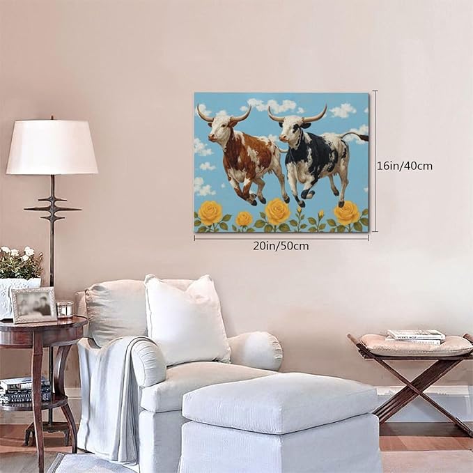 Longhorn Wall Decor Funny Cow Canvas Wall Art Cute Cattle Pictures Painting Artwork Framed Decoration for Bedroom Bathroom Living Room Kitchen Dining Room Office 16"x20"