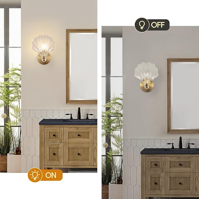 Gold Wall Sconces for Bathroom, Vanity Light Fixtures, Modern Sconces Wall Lights with Clear Shell Shaped Glass Shades, Bathroom Light Fixtures for Living Room, Bedroom, Hallway, mirror, Kitchen, E12