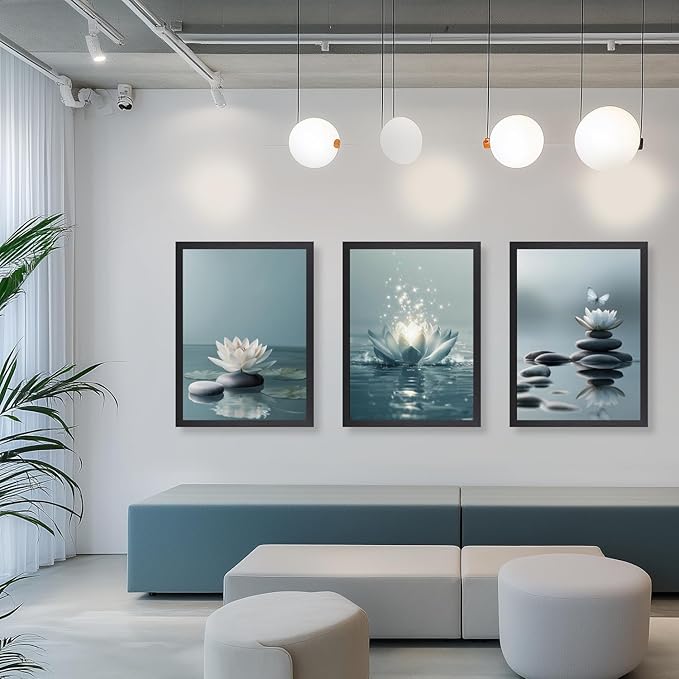 GELDSTEI Calm Zen Botanical Canvas Wall Art, White Lotus Blooming on Stones in Water Aesthetic Pictures, Yoga Spa Meditation Room Decor, Modern Spiritual Poster Prints for Zen Wood Framed 16"x24"x3