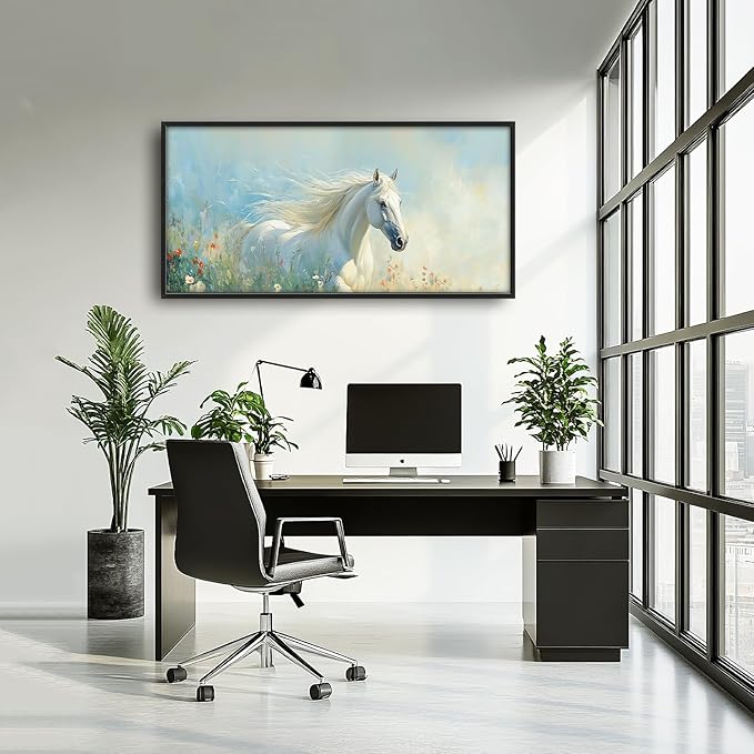 SweetFox Extra Large White Horse Framed Wall Art for Living Room, Horse Wildflower Pictures Oversized Wall Decor Abstract Big Canvas Painting Print Artworks for Bathroom Master Bedroom 60L X 30W
