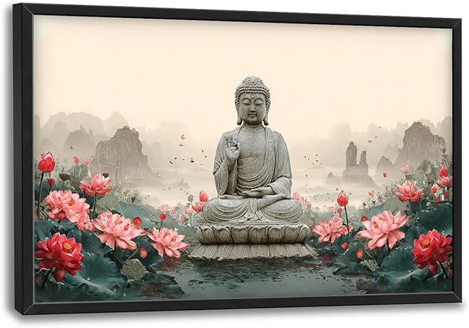Glocmna Large Buddha Wall Art for Living Room Zen Buddha Lotus Canvas Wall Decor Big Meditation Pictures Painting Print Framed Artwork Decorations Gifts for Bedroom Home Spa Yoga Room Office Hotel 24"x36"