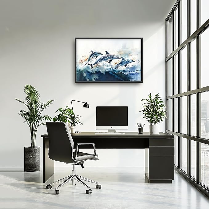 SweetFox Extra Large Watercolor Dolphin Framed Wall Art for Living Room,Ocean Dolphin Pictures Oversized Wall Decor Abstract Canvas Painting Print Artwork for Bathroom Master Bedroom 36L X 24W