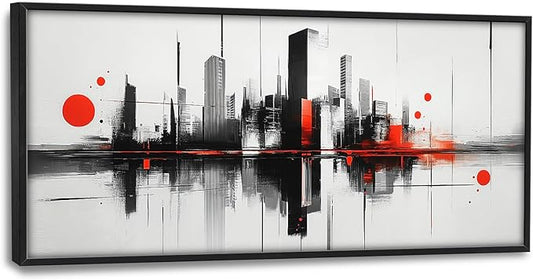 Black White Red City Wall Art City Skyline Large Pictures Wall Decor Abstract Canvas Prints Painting Framed Artwork Decoration Above Bed for Bedroom Living Room Gallery Office 60"x30"