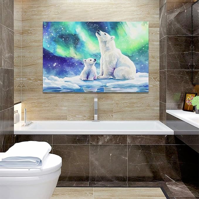 Olivine Polar Bear Wall Art, Northern Lights Pictures Wall Decor,Watercolor Polar Landscape Canvas Prints Paintings, Framed Artwork for Bathroom Bedroom Living Room Office Home Decoration 24"x16"