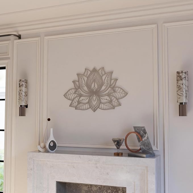 Colorfull Worlds Mandala Metal Wall Decor, Lotus Flower Meditation Room Decor, Minimalist Zen Garden Bohemian Gift for New Year (17" x 11" | 43 x 27.5 cm, Silver)