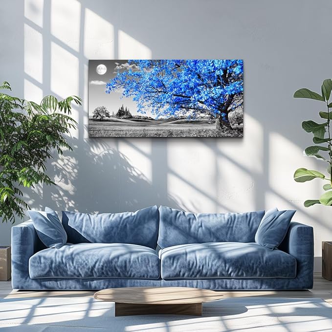 wall art for living room Simple Life Blue moon tree landscape Abstract painting office Wall Decor 20" x 40" single Pieces Canvas Prints Ready to Hang for Home Decoration Black and white Works of art