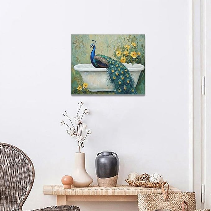 Fleruku Vintage Peacock Wall Art Elegance Bathroom Wall Decor Green Peacock Pictures Canvas Painting Artwork Home Decorations for Living Room Bedroom Office 20"x16"