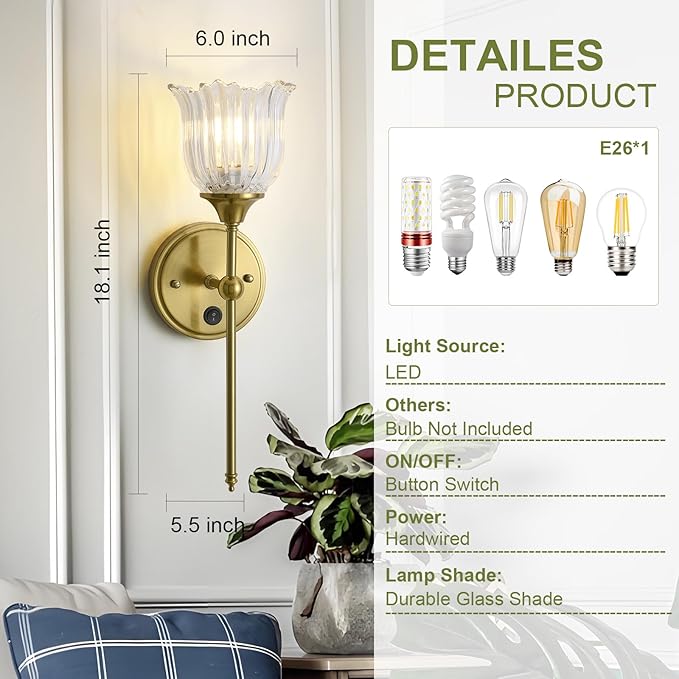 Modern Wall Sconces with Clear Flower Glass Shade 1 Pack, Mid Century Bathroom Vanity Wall Light Fixtures Gold Vintage Wall Lights with Switch for Mirror Bedroom Living Room