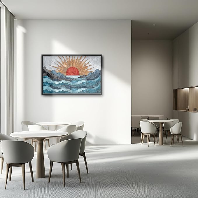 Glocmna Large Wall Art for Living Room Japanese Stained Glass Mountain Sunrise Wall Decor Modern Oriental Landscape Canvas Big Pictures Painting Print Framed Artwork Decorations Gifts for Bedroom Home Office Hotel 24"x36"
