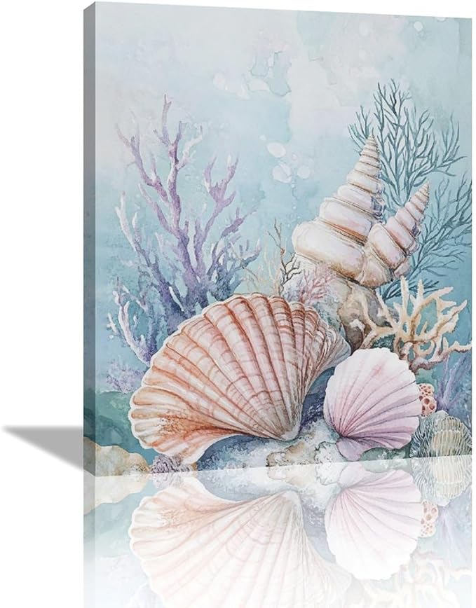Fleruku Beach Coral Shells Wall Art Nautical Sea Wall Decor Ocean Pictures Canvas Painting Artwork Home Decorations for Living Room Bedroom Bathroom Office Nursery 20"x24"