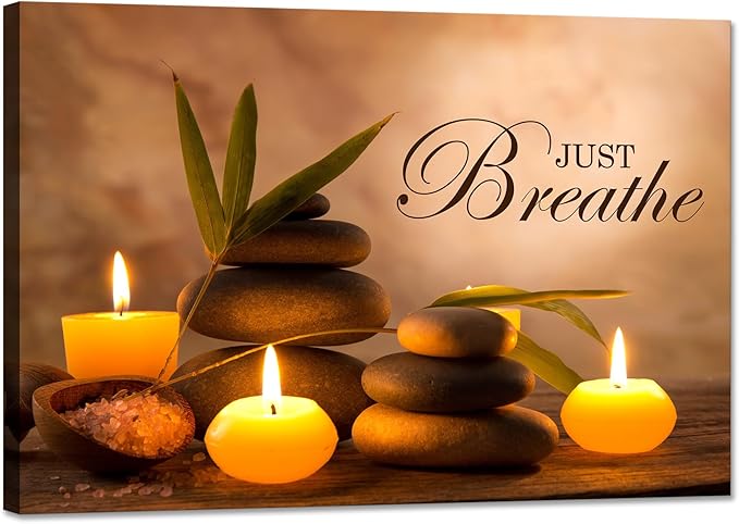 YIOZHAOFH Zen Wall Decor Just Breathe Motivational Bathroom Wall Art Yoga Room Poster for Women Spa Picture Painting Spiritual Artwork Framed for Living Room Ready to Hang (16L x 24W)