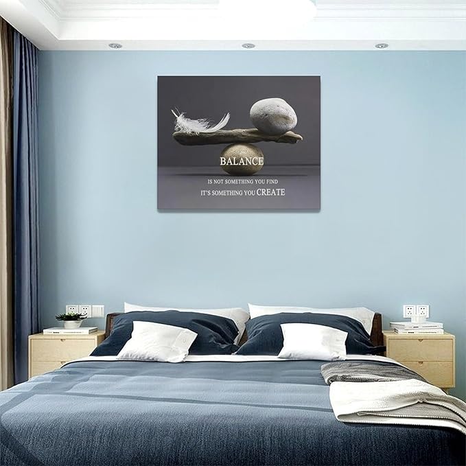 Zen Stone Wall Art Meditation Spiritual Wall Decor Inspirational Balance Feather Pictures Canvas Prints Framed Home Decorations Painting Artwork for Living Room Bedroom Office Bathroom 20"x16"