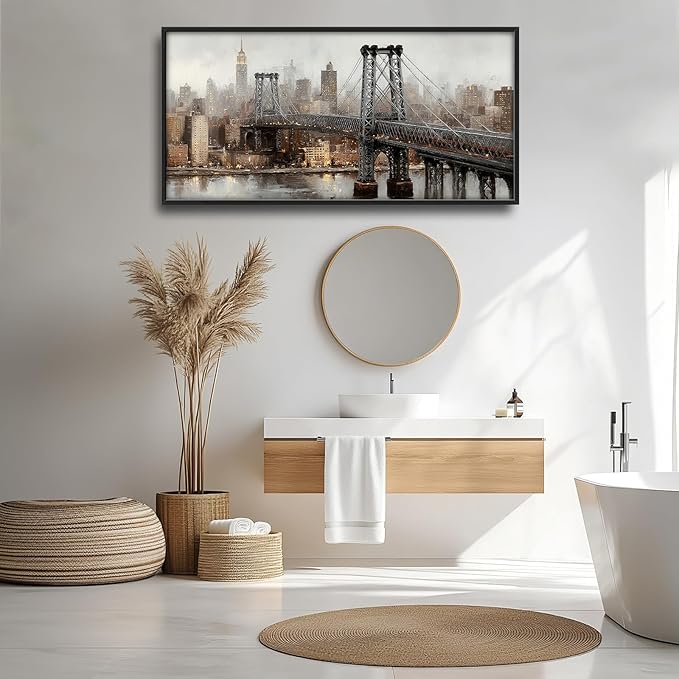 Glocmna Large New York City Skyline Wall Art for Living Room Manhattan Bridge Canvas Wall Decor Modern Architecture Oil Painting Pictures Print Framed Artwork Decorations Bedroom Home Office Dinning room 30"x60"