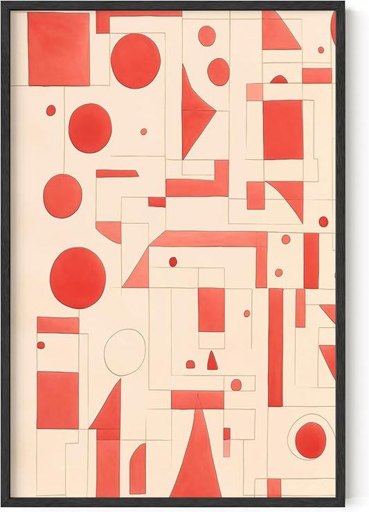 HAUS AND HUES Colorful Abstract Wall Art - Minimalist Retro Picture for Living Room Decor, Red and Pink Modern Wall Art Painting (Red Geometric, Black Frame, 24x36)