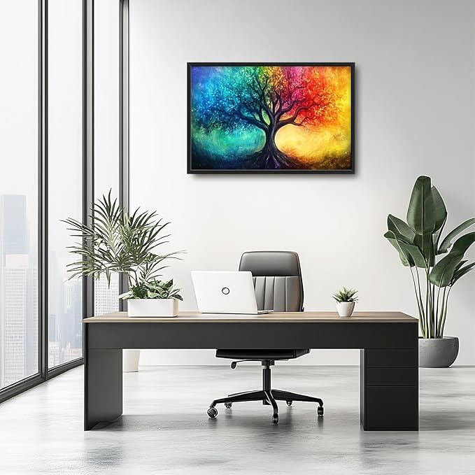 Tree Wall Art Colorful Tree of Life Pictures Wall Decor Framed Canvas Prints Artwork Paintings Home Office Decorations for Living Room Bedroom Dinning Room Corridor 36"x24"