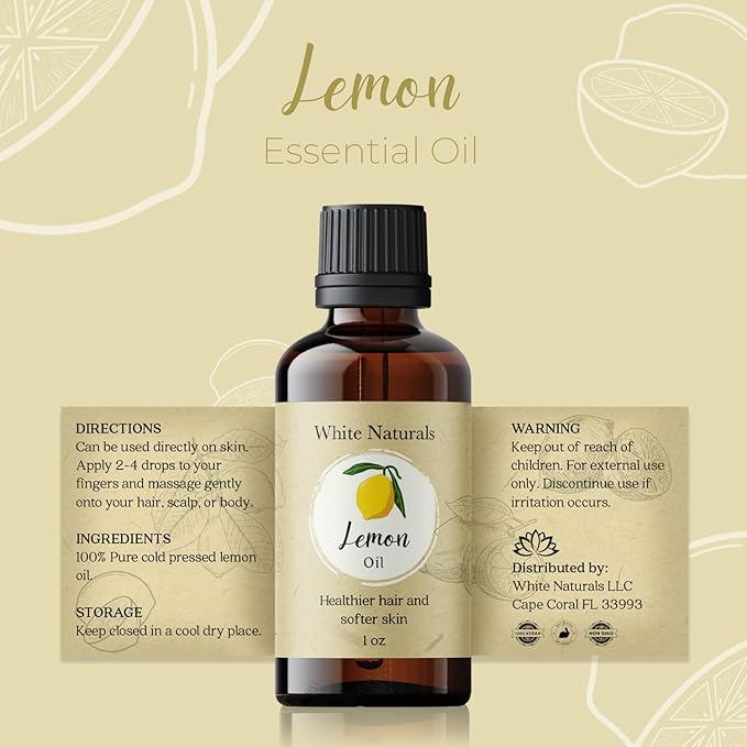 Organic Lemon Essential Oil by White Naturals, 100% Natural and Pure, Therapeutic Grade for Aromatherapy, Massage, Household Cleaning, Hair Care, Skincare, DIY Soap Making & Diffuser, Vegan 1 Ounce