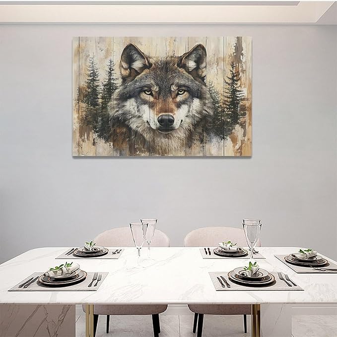 Vintage Wolf Wall Art Farmhouse Wildlife Wall Decor Country Animal Pictures Canvas Painting Artwork Home Decorations for Living Room Bedroom Bathroom Office 24"x16"