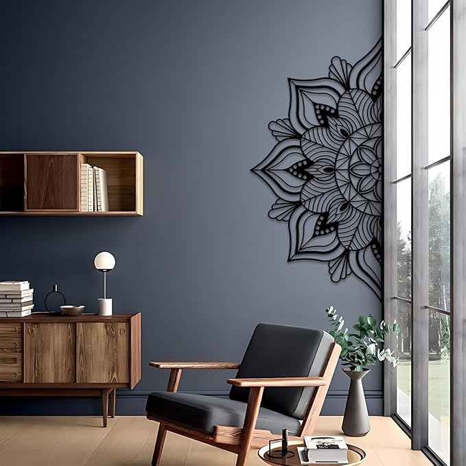 Resama Large Metal Mandala Wall Decor, Unique Lotus Flower Wall Art, Suitable for Office and Home Indoor and Outdoor Decoration (Black, 59‘’x29.5‘’/ 150x75cm)