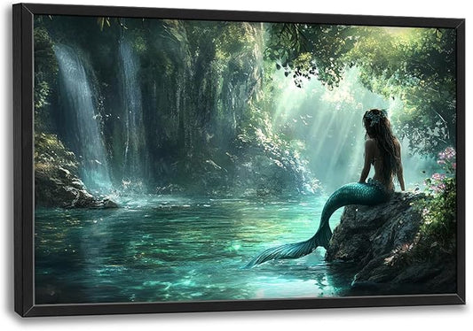 Mermaid Large Wall Art Forest Waterfall Mermaid Pictures Wall Decor Cabin Canvas Prints Painting Oversize Framed Artwork Home Decoration Above Bed for Bedroom Bathroom Living Room 36"x24"