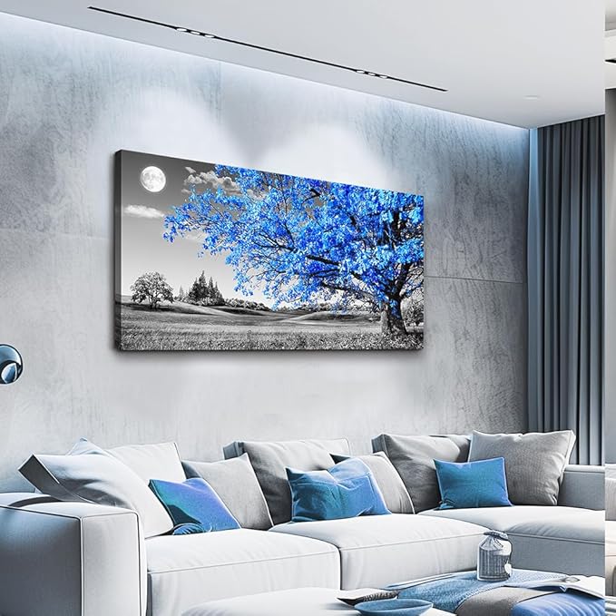 wall art for living room Simple Life Blue moon tree landscape Abstract painting office Wall Decor 24" x 48" single Pieces Canvas Prints Ready to Hang for Home Decoration Black and white Works of art
