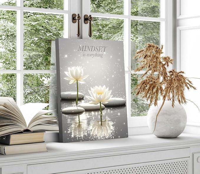 Canvas Prints Art Lotus Floral Mindset Motivational Quotes Poster for Zen Office Wall Decor,White Lotus Flower Meditation Poster Modern Artwork Painting Framed Ready to Hang(12"x16")