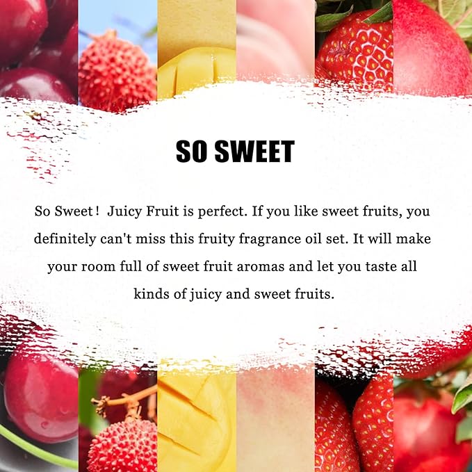 Premium Fruit Fragrance Oils Gift Set for So Sweet - 6x10ml-Strawberry, Cherry, Litchi, Apple, Mango, Peach - Scented Essential Oils for Diffuser, Candle Making