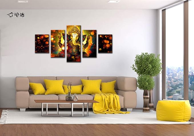 Large 5 Panel Hindu God Ganesha Wall Art - Traditional Indian Canvas Prints for Home Decor (60x32 Inch, Framed)