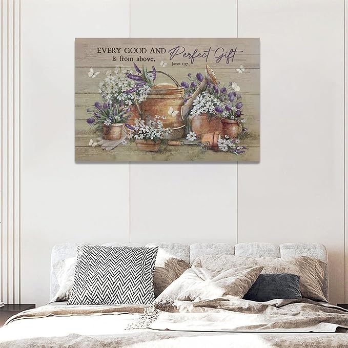 Country Bathroom Flower Wall Art Farmhouse Lavender Wall Decor Rustic Scripture Sign Canvas Painting Artwork Home Decorations for Man Teenager Office Bedroom Living Room Bathroom 24"x16"