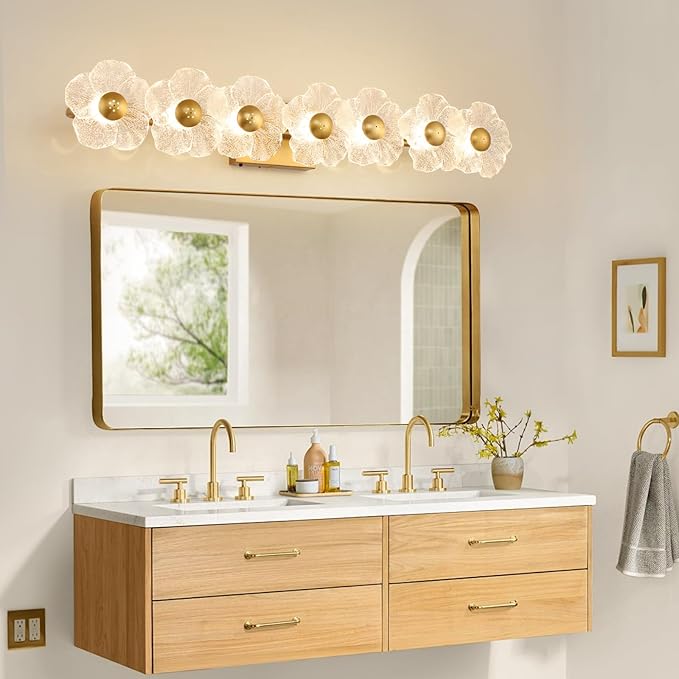 MantoLite Bathroom Light Fixtures Modern Vanity Over Mirror Adjustable 3000K-6000K Picture Lights Art Light with Floral Clear Glass Shades for Living Room Bedroom Wall Sconces (7 Gold)