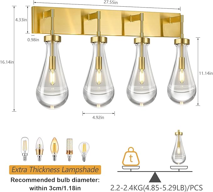Raindrop Wall Sconces Gold Crystal Sconces Wall Decor Modern Brass Lighting Glass Bathroom Sconces Indoor Vanity Light Wall Lamp for Bedroom Living Room Stair(4-Light)