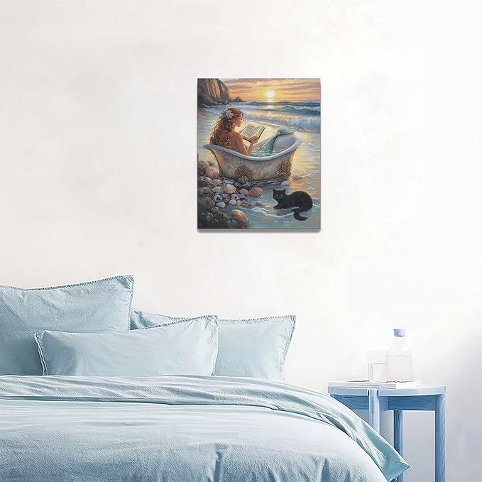 Mermaid Wall Art Beach Coastal Nautical Wall Decor Sunset Cat Pictures Canvas Painting Framed Artwork Home Decorations for Bathroom Living Room Bedroom Office 16"x20"