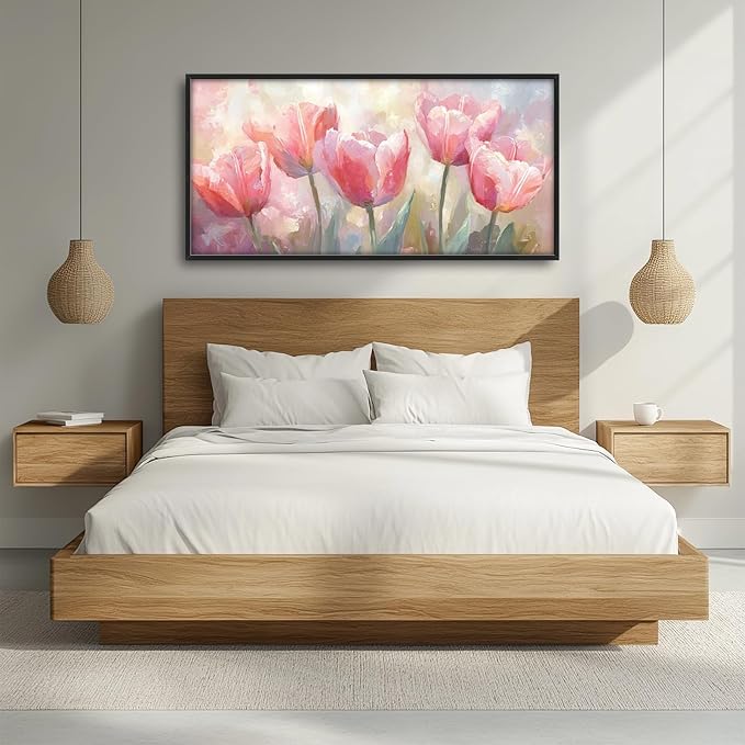 Kylora Tulip Wall Art Pink Tulips Pictures Wall Decor Pink Flowers Large Master Over Above Bed Canvas Prints Horizontal Modern Artwork Painting Home Office Decorations For Kitchen Bedroom 30"x60"