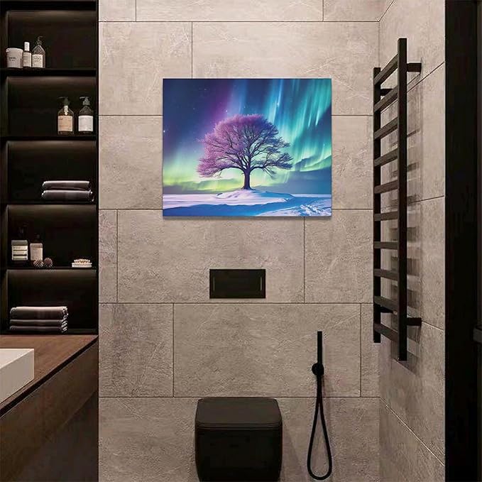 Northern Lights Bathroom Decor Aurora Wall Art Tree canvas Snow Painting Canvas Prints Framed Artwork for Bathroom kitchen Bedroom Living Room 20"x16"