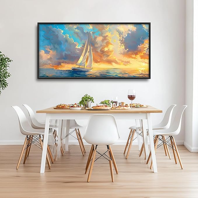 Large Ocean Sailboat Framed Wall Art for Living Room Blue Coastal Pictures Wall Decor Ocean Canvas Print Painting Artwork Modern Home Decorations for Living Room Bedroom Office 60x30 inch