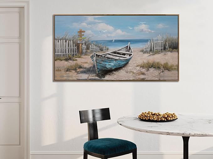 Ardemy Framed Blue Wall Art for Bedroom Canvas Picture Wall Decor Living Room, Textured Painting Beach Seascape Picture Artwork Kitchen Bathroom Dining Room Home Office, Large 40"x20"