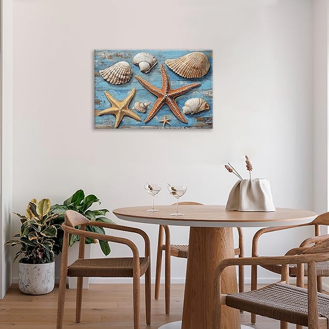 Olivine Seashell Wall Art, Coastal Starfish Pictures Wall Decor, Beach Theme Painting, Blue Seashell Canvas Prints, Framed Artwork for Bathroom Bedroom Living Room Office Home Decoration 24''x16''