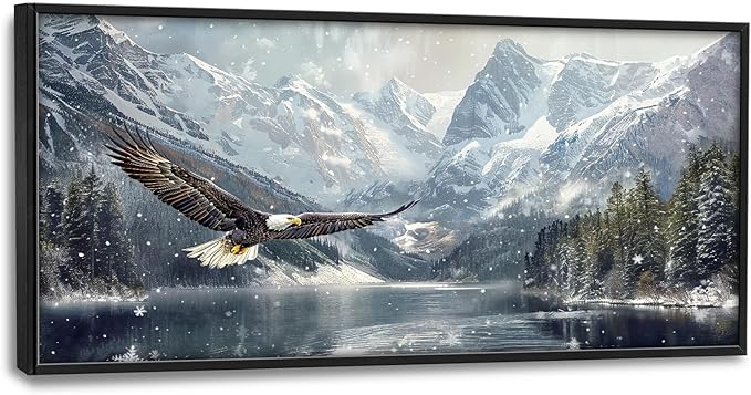Winter Wall Art Snowy Mountain Lake Soaring Bald Eagle Pictures Wall Decor Large Canvas Prints Framed Artwork Paintings Home Office Decorations for Living Room Bedroom Dinning Room 60"x30"