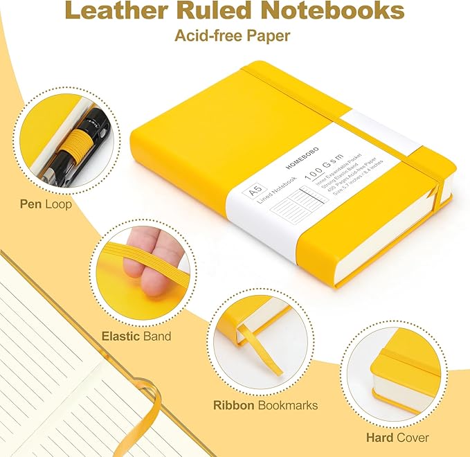 Journals for Writing 400 Pages, A5 Leather Ruled Notebook, 100 Gms College Ruled Journal with Thick Paper, Hardcover with Inner Pocket & Pen Holder, Yellow
