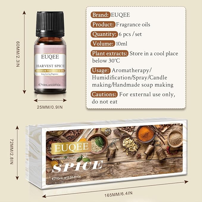 6PCS Spice Autumn Fragrance Oil Set, Scented Oils for Candle Making, Diffusers Aromatherapy Halloween Fragrance Oils for Diffuser & DIY Candles-Sandalwood, Harvest Spice, Bay Rum, Snickerdoodle
