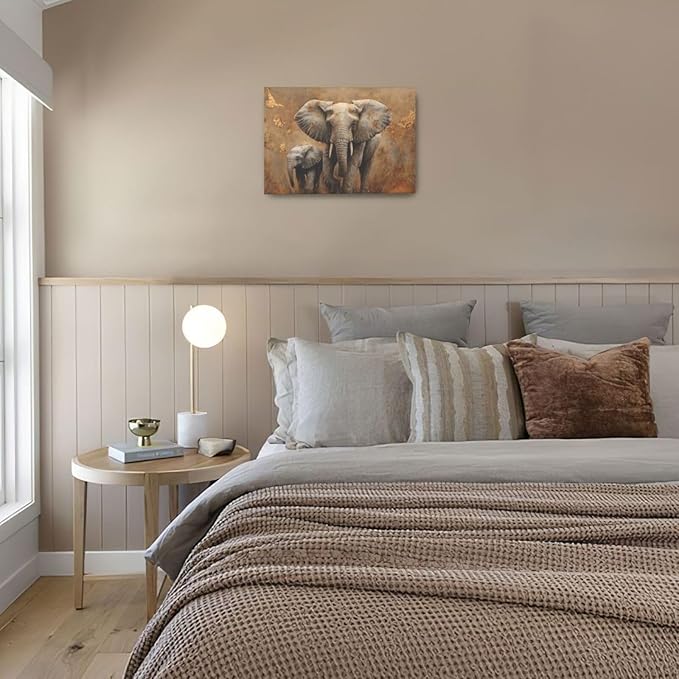 Elephant Wall Art African Animal Pictures Elephant Family Canvas Painting Decoration Artwork Framed Wall Decor Gifts for Women Girl Living Room Kids Bedroom 16"x24"