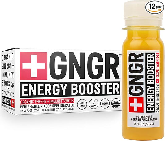 +GNGR Energy Booster & Immunity Shot, Cold-Pressed Ginger Shots with Lions Mane, 75mg of Natural Caffeine Green Tea, Turmeric Root, Vitamin D & Zinc for All Natural Immune Support (2 Oz, Pack of 12)