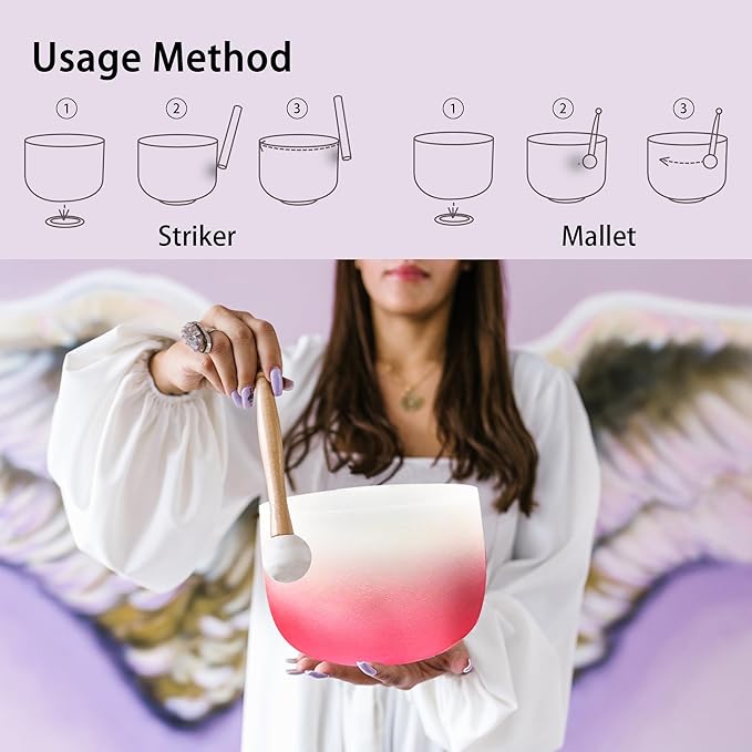8-12 Inch Set of 3 Gradient Design Quartz Crystal Singing Bowl Chakra Set with Free Carrying Case and Suede Sticker & O-ring