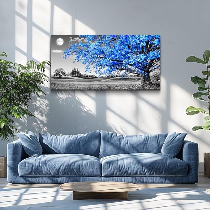 wall art for living room Simple Life Blue moon tree landscape Abstract painting office Wall Decor 24" x 48" single Pieces Canvas Prints Ready to Hang for Home Decoration Black and white Works of art