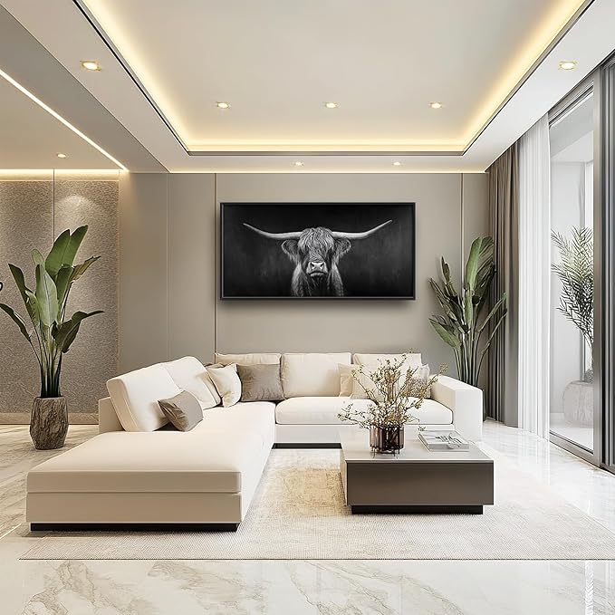 SweetFox Extra Large Highland Cow Framed Wall Art for Living Room, Black and White Longhorn Cattle Pictures Oversized Wall Decor Abstract Canvas Painting Print Artwork for Bathroom Bedroom 60L X 30W