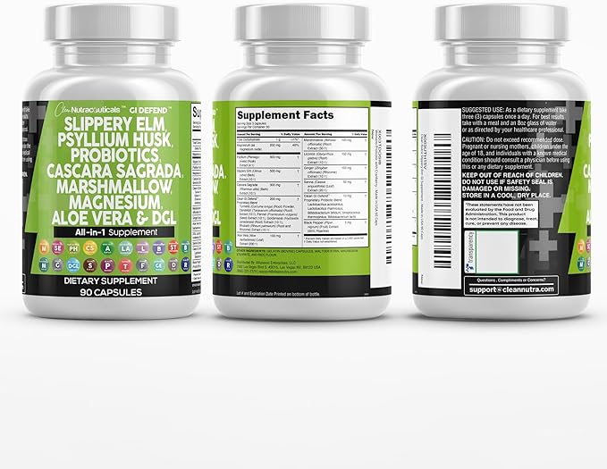 Clean Nutraceuticals Slippery Elm Psyllium Husk Pre Probiotic Digestive Gut Health Supplement with Aloe Vera Cascara Sagrada Marshmallow Root DGL Licorice Senna Extract